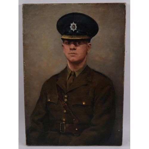 513 - Circle of Henry Lamb, portrait of a soldier, oil on canvas, unsigned, 50cm x 36cm, unframed