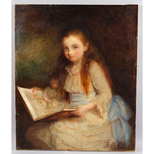 514 - Blanche Jenkins (1872 - 1915), girl with a doll and scrapbook, oil on canvas, signed and dated 1887,... 