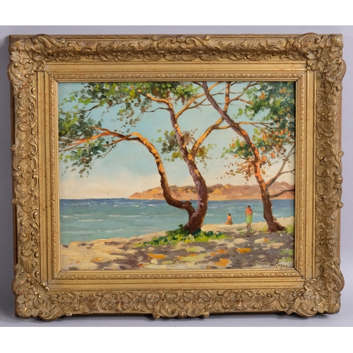 520 - Early to mid-20th century Continental coastal view, oil on board, indistinctly signed, 23cm x 29cm, ... 