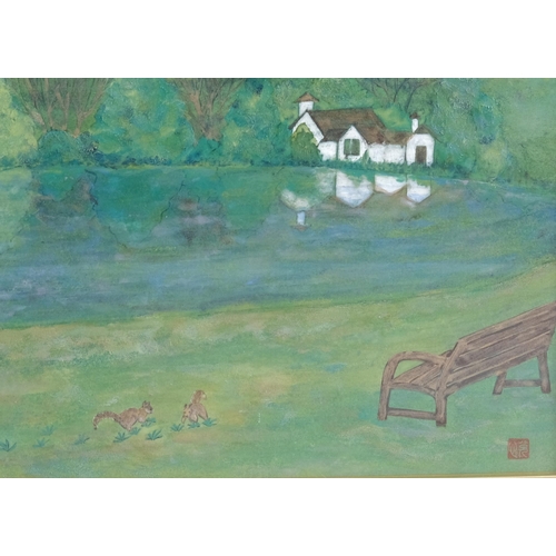 523 - Contemporary Japanese School, lake scene, oil on board, signed with seal, 23cm x 32cm, framed