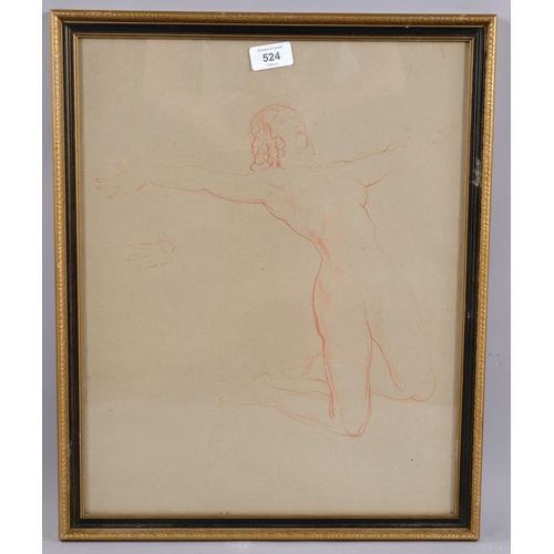 524 - John Pinches (1885 - 1968), nude life study, sanguine chalk on paper, 45cm x 35cm, framed