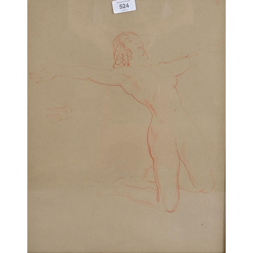 524 - John Pinches (1885 - 1968), nude life study, sanguine chalk on paper, 45cm x 35cm, framed