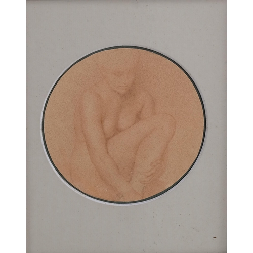 529 - Pre-Raphaelite School, circle of Edward Burne Jones, fine sanguine chalk nude study, tondo, unsigned... 