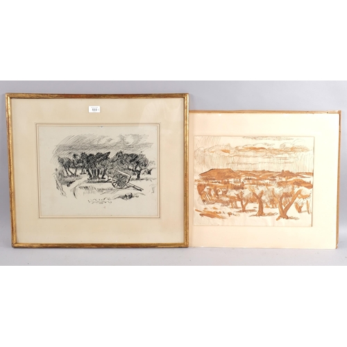 533 - French Impressionist School, 2 ink drawings of olive trees, circa 1920s, unsigned, 31cm x 40cm, fram... 