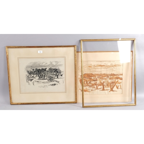 533 - French Impressionist School, 2 ink drawings of olive trees, circa 1920s, unsigned, 31cm x 40cm, fram... 