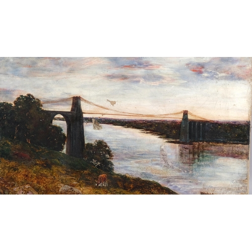 534 - William Davies (1826 - 1901), study of the Menai Bridge, oil on canvas, 47cm x 81cm, unframed, resto... 