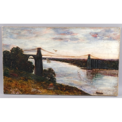 534 - William Davies (1826 - 1901), study of the Menai Bridge, oil on canvas, 47cm x 81cm, unframed, resto... 