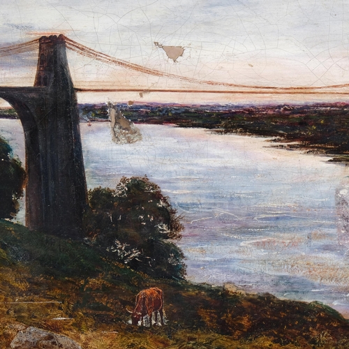 534 - William Davies (1826 - 1901), study of the Menai Bridge, oil on canvas, 47cm x 81cm, unframed, resto... 