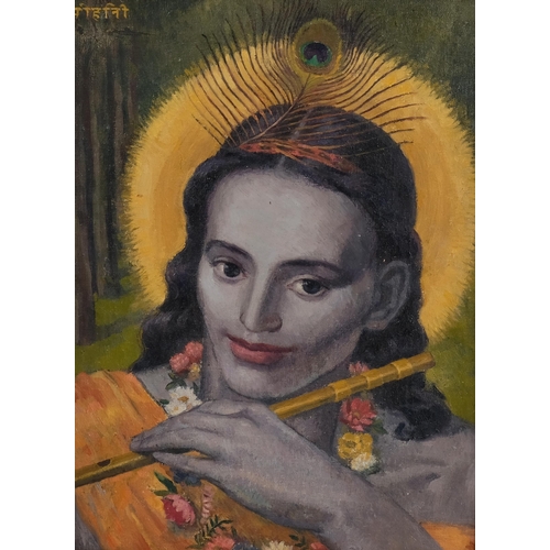 540 - Krishna playing music, inscribed in Indian/Hindi, circa 1930s, oil on canvas, 40cm x 29cm, framed