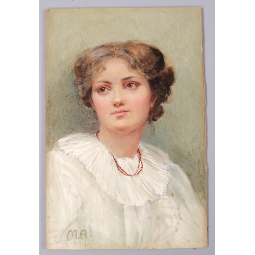 543 - Watercolour, portrait of girl, circa 1910, signed with monogram MA, 28cm x 18cm, unframed