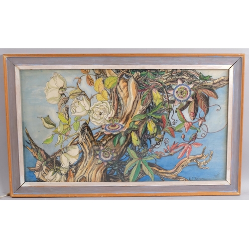 544 - E L Turner, roses and passion flowers, watercolour/ink, signed, 34cm x 62cm, framed