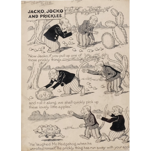 545 - Gacko, Jocko & Prickles, original pen and ink cartoon illustration, 33cm x 25cm, mounted