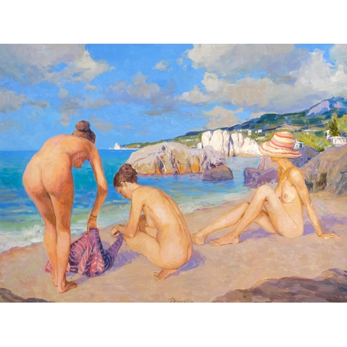 550 - Attributed Anatoily Demenko (Ukraine b.1979), nude bathers on the beach, oil on canvas, signed and i... 