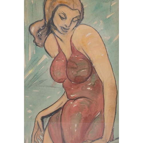 551 - Watercolour, portrait of girl in a bathing suit, unsigned, 72cm x 49cm, framed