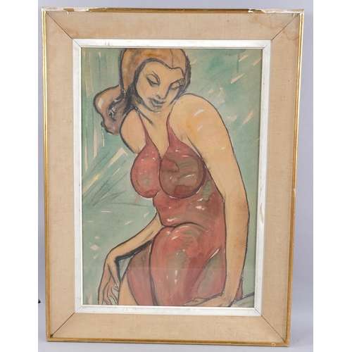 551 - Watercolour, portrait of girl in a bathing suit, unsigned, 72cm x 49cm, framed