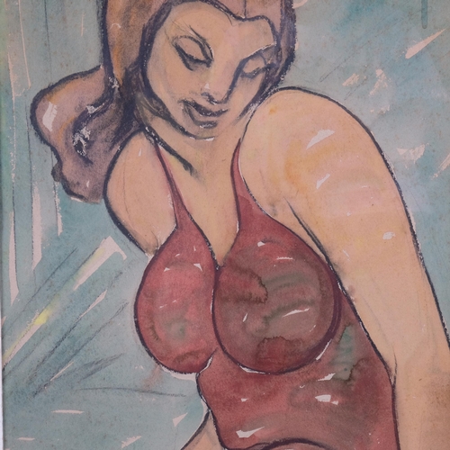 551 - Watercolour, portrait of girl in a bathing suit, unsigned, 72cm x 49cm, framed