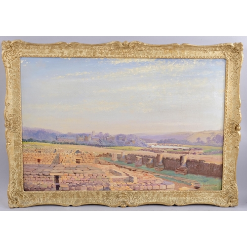 552 - Alan Charlton, old stone ruins, oil on canvas, signed, 50cm x 75cm, framed