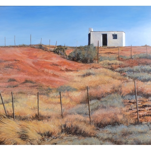 554 - D Johnson-Ackerman, building on the dunes, oil on board, signed, 71cm x 79cm, framed