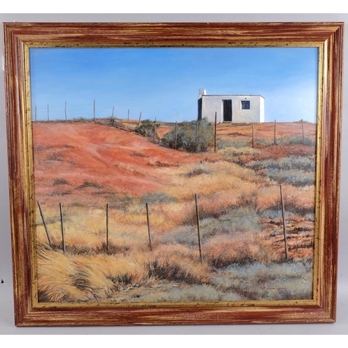 554 - D Johnson-Ackerman, building on the dunes, oil on board, signed, 71cm x 79cm, framed