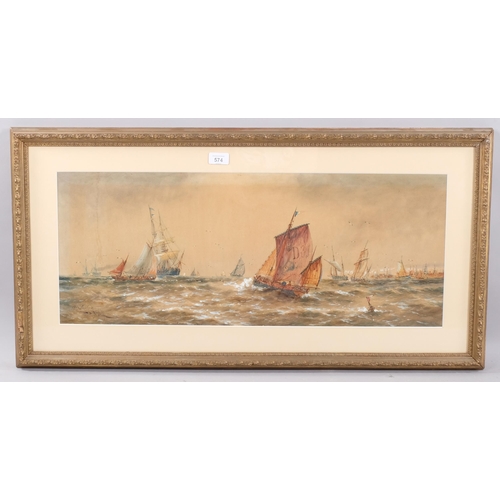 574 - Thomas Bush Hardy (1842 - 1897), off the Kent coast, watercolour, signed and dated 1889, 29cm x 74cm... 