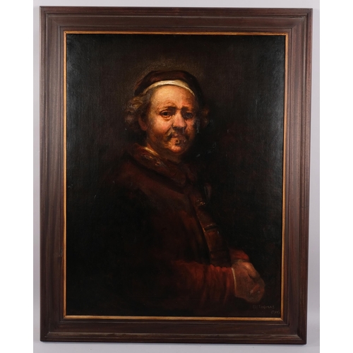 578 - E H Thomas after Rembrandt, 19th century portrait of the artist, oil on canvas, signed, 92cm x 70cm,... 