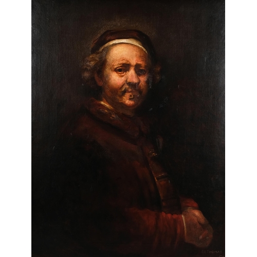 578 - E H Thomas after Rembrandt, 19th century portrait of the artist, oil on canvas, signed, 92cm x 70cm,... 