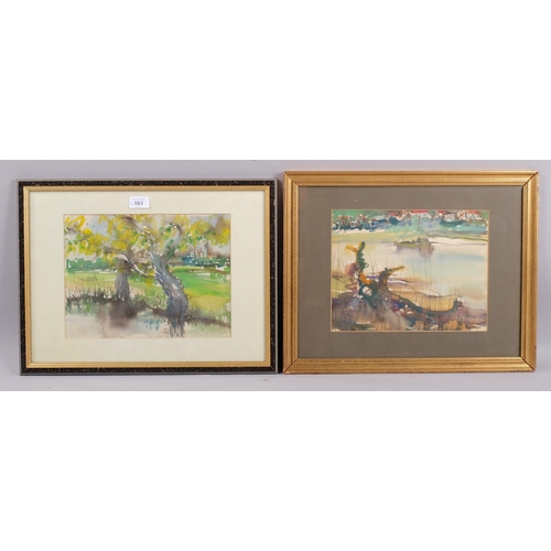 583 - Geoffrey Leeson, 2 impressionist scenes, watercolours, signed, 23cm x 31cm, framed