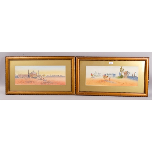 584 - John Wilkie, 2 North African desert scenes, watercolour, 19cm x 50cm, framed