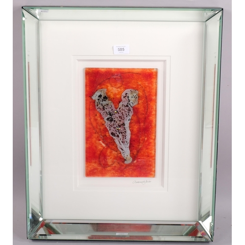 585 - Amanda Jones, contemporary fused glass abstract sculpture in mirrored frame, overall frame dimension... 