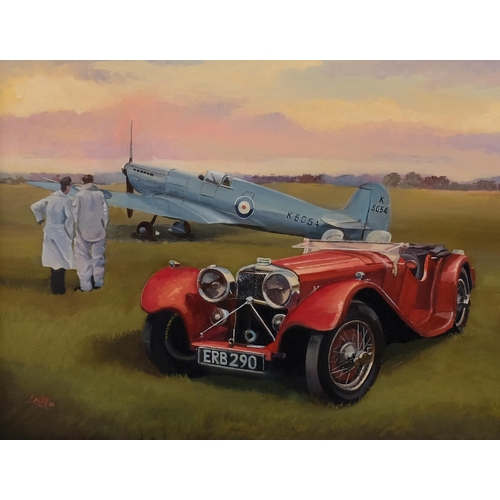 587 - Lee Lacey, superstars of 36 - Spitfire prototype and SS160, oil on board, signed and dated 2016, 40c... 