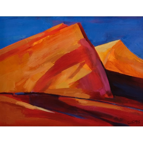 591 - Andrew Curtis, Sahara dunes, acrylic and oil on canvas, signed with RI Mall Galleries Exhibition lab... 