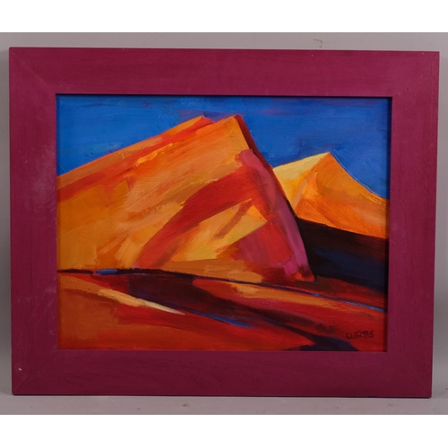 591 - Andrew Curtis, Sahara dunes, acrylic and oil on canvas, signed with RI Mall Galleries Exhibition lab... 