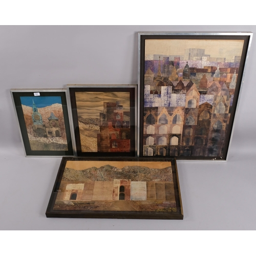 592 - June Cridland, 4 mixed media collage/watercolour compositions, largest overall frame dimensions 90cm... 