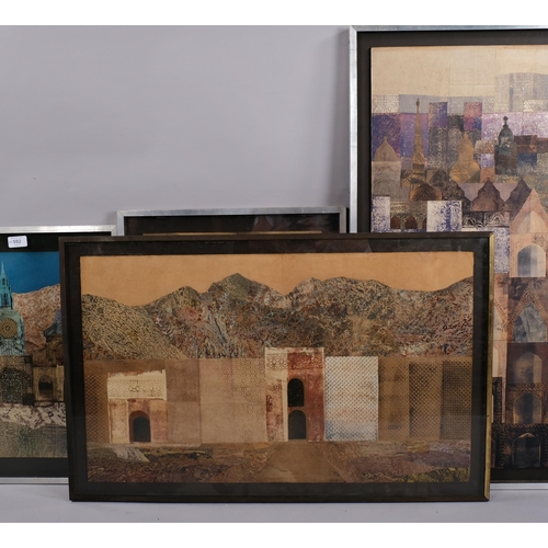 592 - June Cridland, 4 mixed media collage/watercolour compositions, largest overall frame dimensions 90cm... 