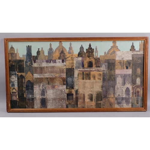 593 - June Cridland, 2 mixed media collage/watercolour architectural compositions, largest overall frame d... 