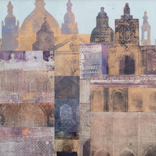 593 - June Cridland, 2 mixed media collage/watercolour architectural compositions, largest overall frame d... 