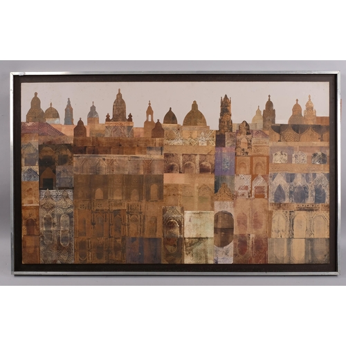 593 - June Cridland, 2 mixed media collage/watercolour architectural compositions, largest overall frame d... 