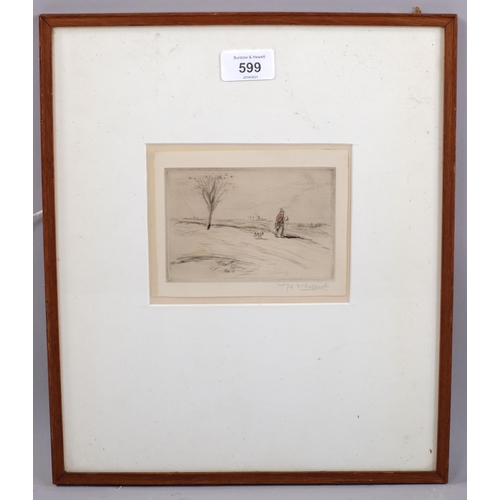 599 - Jean Francois Raffaelli, Le Chemineau, colour drypoint etching, signed in pencil, plate 9cm x 12cm, ... 