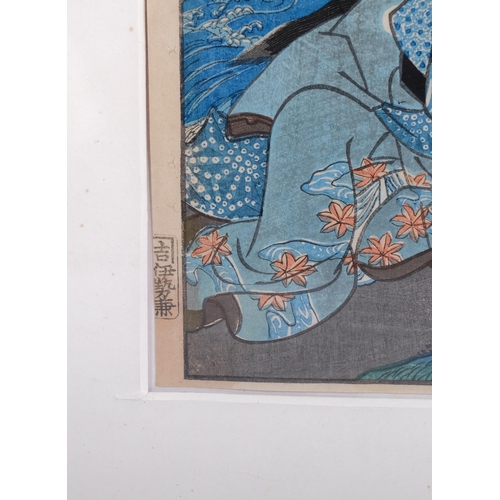 601 - Toyofuni, Japanese colour woodblock print, 2 figures, 35cm x 23cm, framed