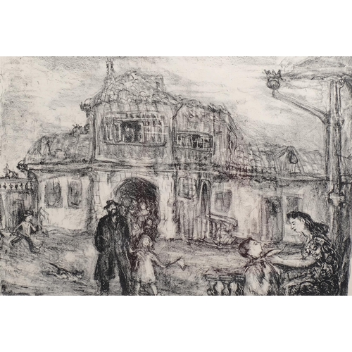 603 - Jewish shtetl scene, circa 1930s/40s, proof lithograph signed in pencil, image 30cm x 40cm, framed