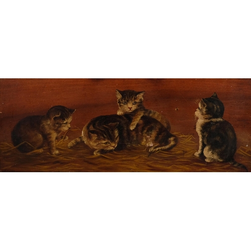 612 - Manner of Bessie Bamber, study of 4 kittens, oil on wood panel, unsigned, 22cm x 53cm, unframed