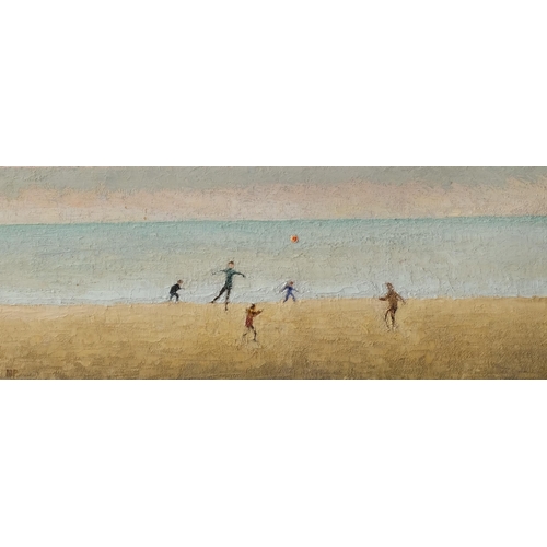 615 - Mid-20th century oil on canvas laid on board, children playing at a beach, signed with monogram NP?,... 