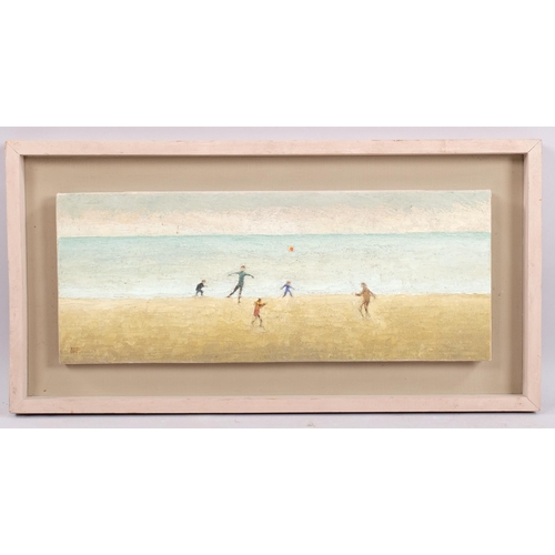 615 - Mid-20th century oil on canvas laid on board, children playing at a beach, signed with monogram NP?,... 