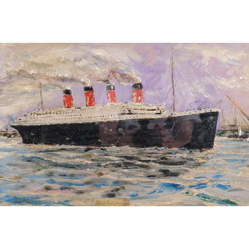 617 - 20th century British School, RMS Titanic leaving harbour, unsigned, 37cm x 56cm, framed