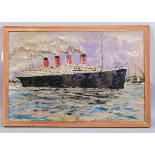 617 - 20th century British School, RMS Titanic leaving harbour, unsigned, 37cm x 56cm, framed