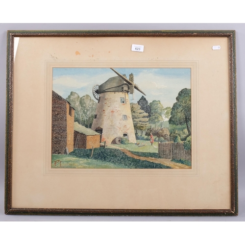 623 - Early 20th century British School, old windmill, watercolour, signed with monogram, 32cm x 44cm, fra... 