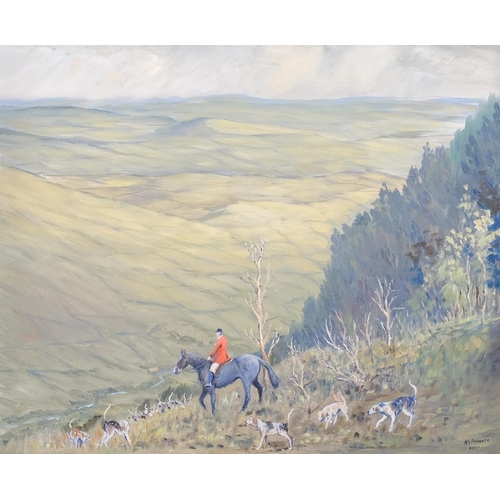 624 - M G Roberts, huntsmen and hounds, oil on board, signed, 46cm x 55cm, framed