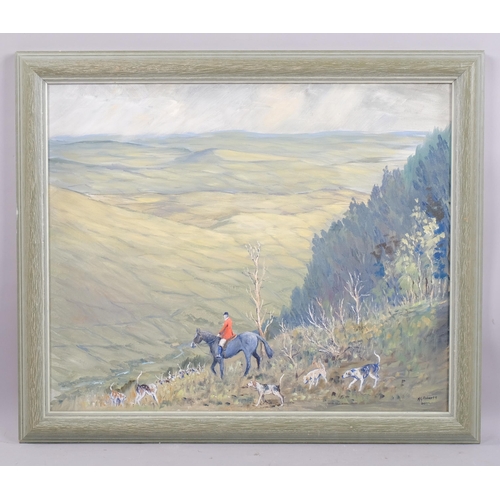 624 - M G Roberts, huntsmen and hounds, oil on board, signed, 46cm x 55cm, framed