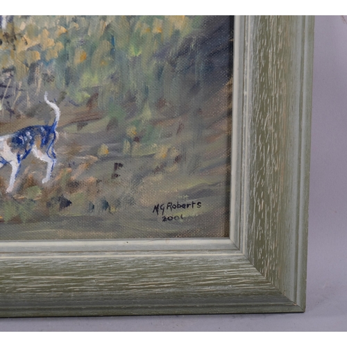 624 - M G Roberts, huntsmen and hounds, oil on board, signed, 46cm x 55cm, framed