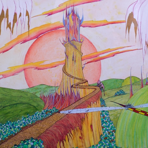 625 - 20th century Surrealist School, fantasy landscape, watercolour, signed with monogram, 40cm x 70cm, f... 